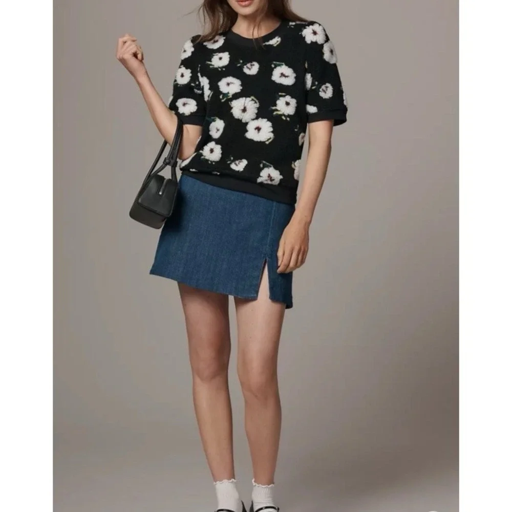 By Anthropologie NWT Medium Sherpa‎ Fleece Flowers Sweater Top Puff Sleeves